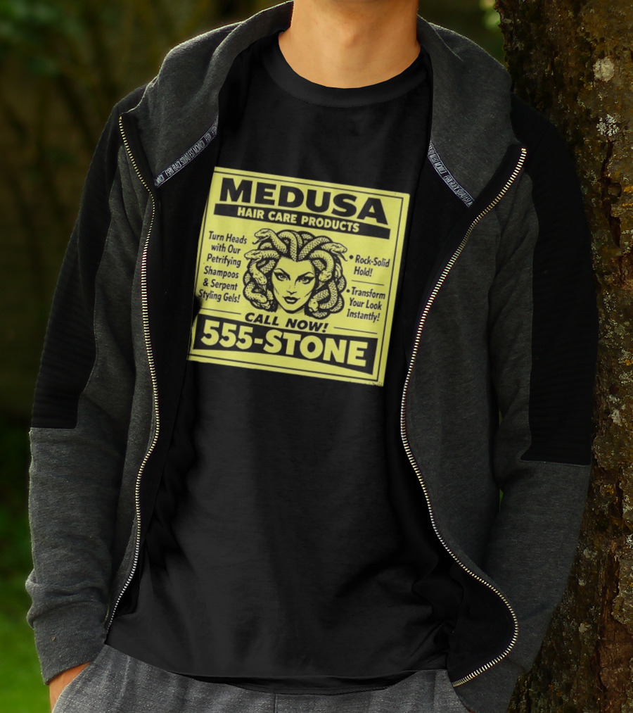 Medusa Hair Care Products 555 STONE Turn Heads With Petrifying Shampoos Serpent Styling Gels Rock Solid Hold Transform Your Look Instantly T-Shirt