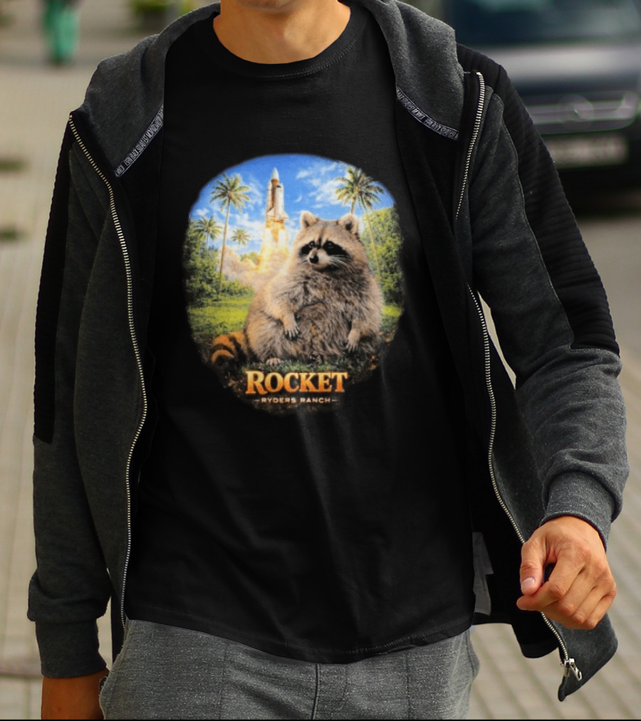 Rocket Raccoon Space Launch Tylernolantattoos Ryders Ranch T-Shirt