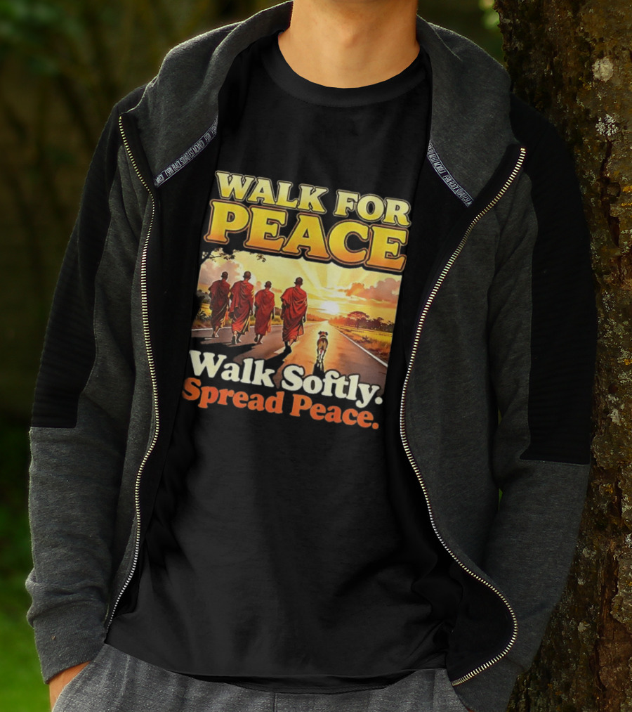 Walk For Peace Walk Softly Spread Peace Buddhist Monks And Aloka Dog T-Shirt