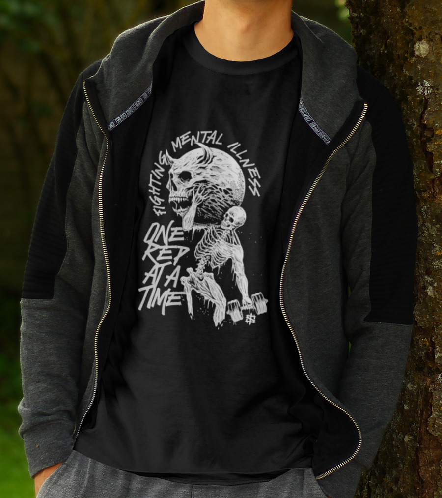 Fighting Mental Illness One Rep At A Time Skeleton With Lifting Skull T-Shirt