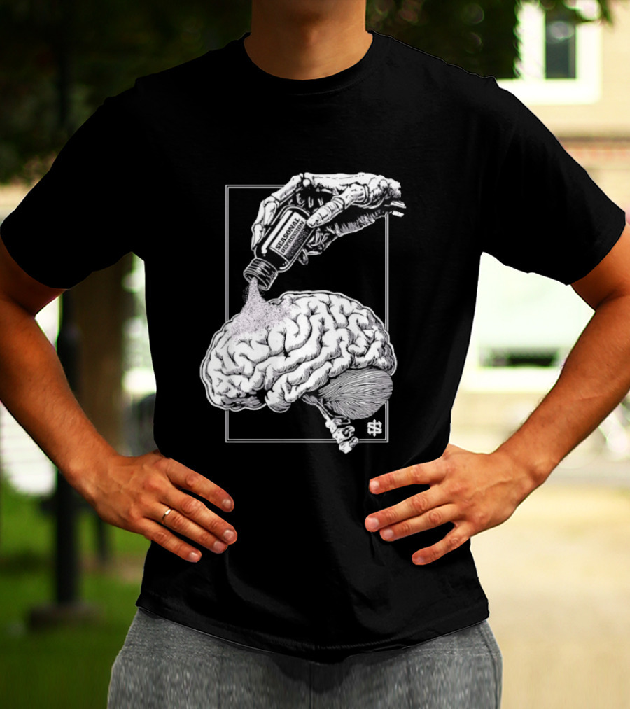 Seasonal Depression Skeleton Hand Pouring On Brain T-Shirt