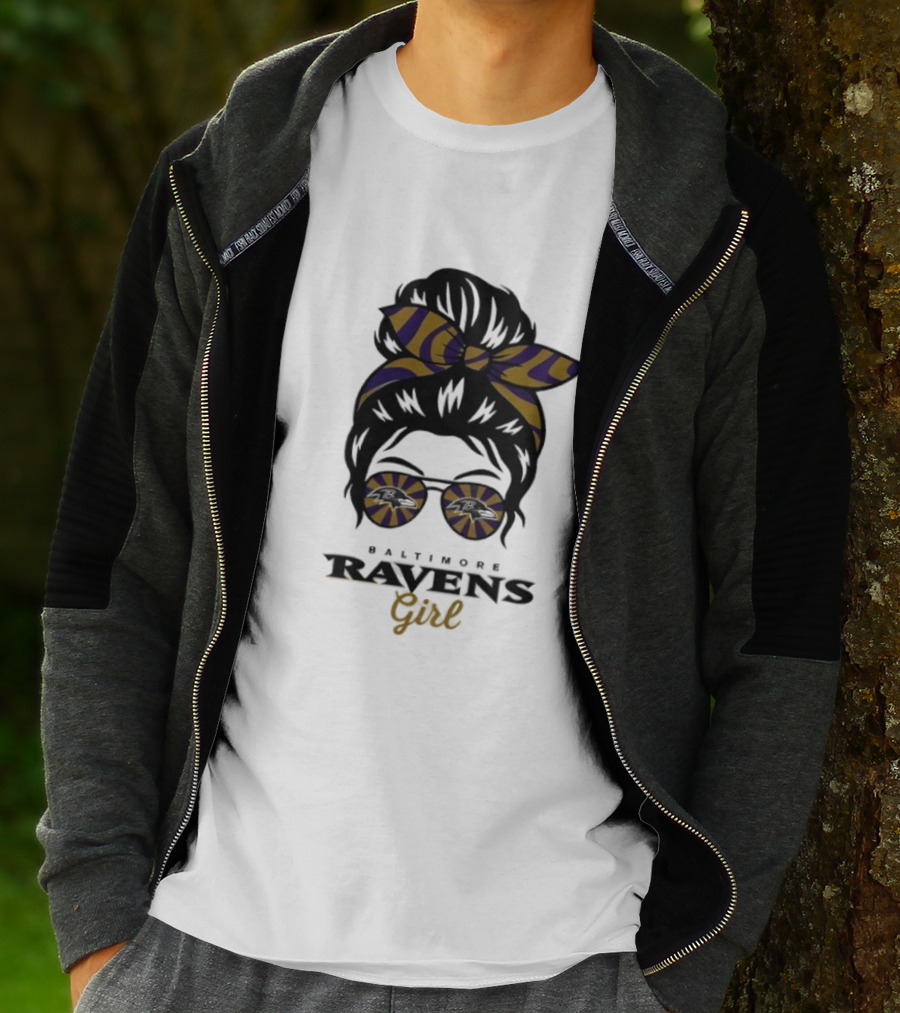 Baltimore Ravens Girl Messy Bun Glasses Bow Fan Gear T-Shirt