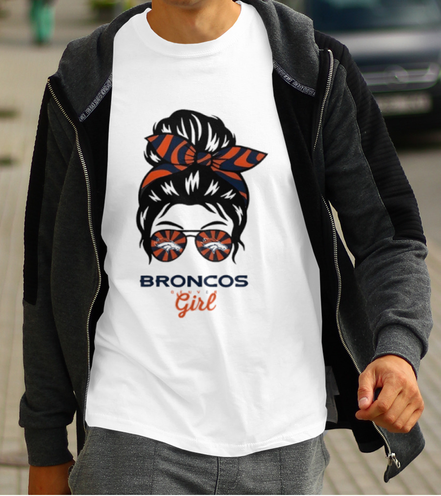 Broncos Girl Messy Bun Glasses And Bow T-Shirt
