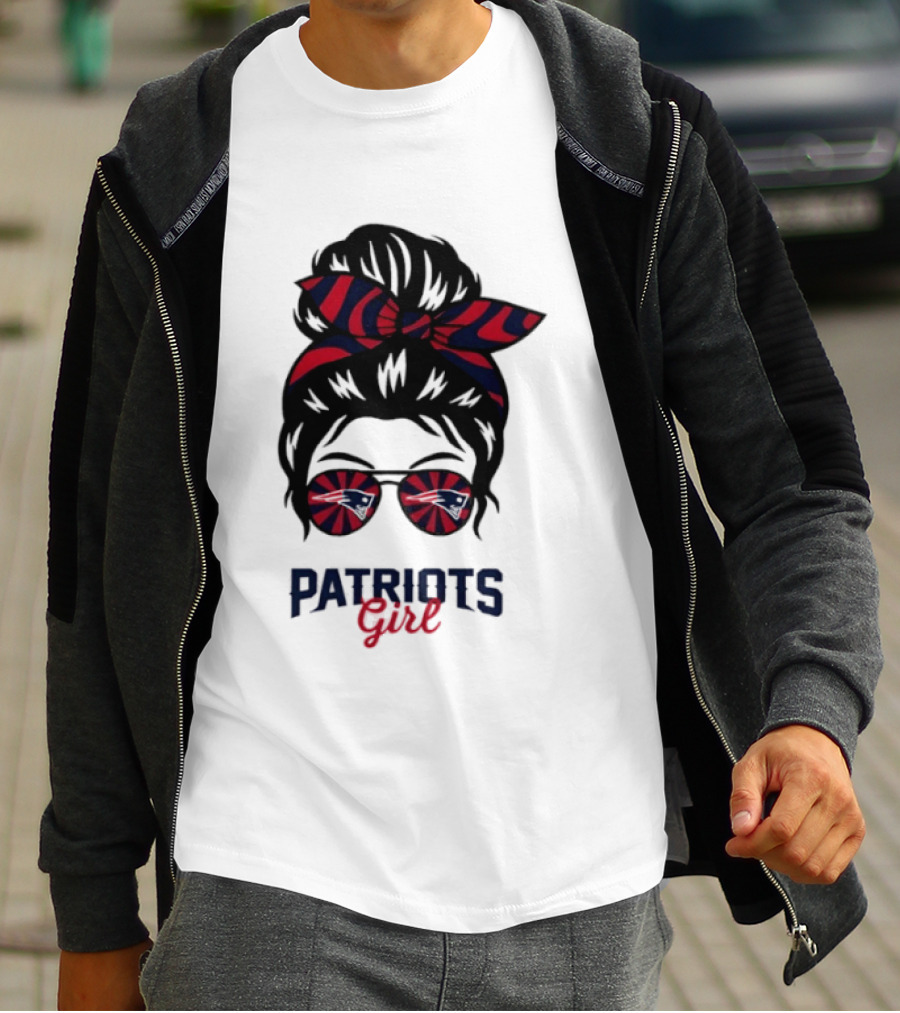 Patriots Girl Messy Bun Glasses Red Blue Bow Fan T-Shirt