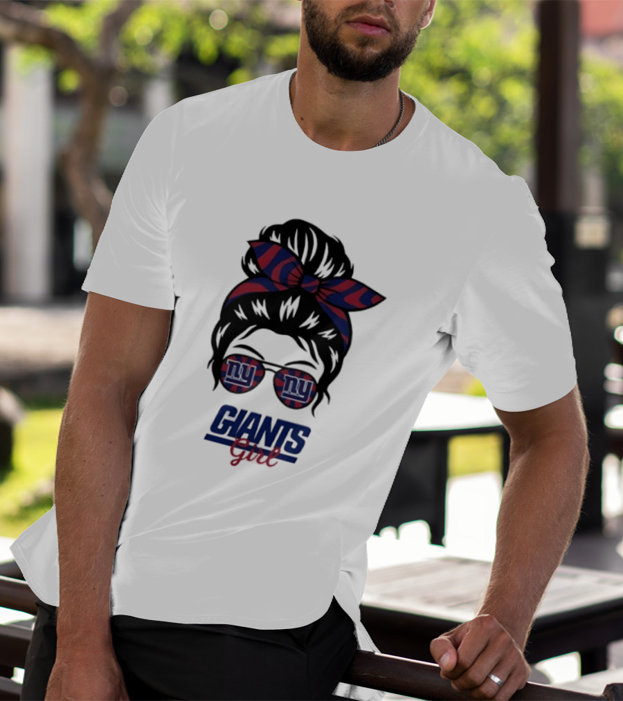 New York Giants Girl Messy Bun Glasses Bow T-Shirt