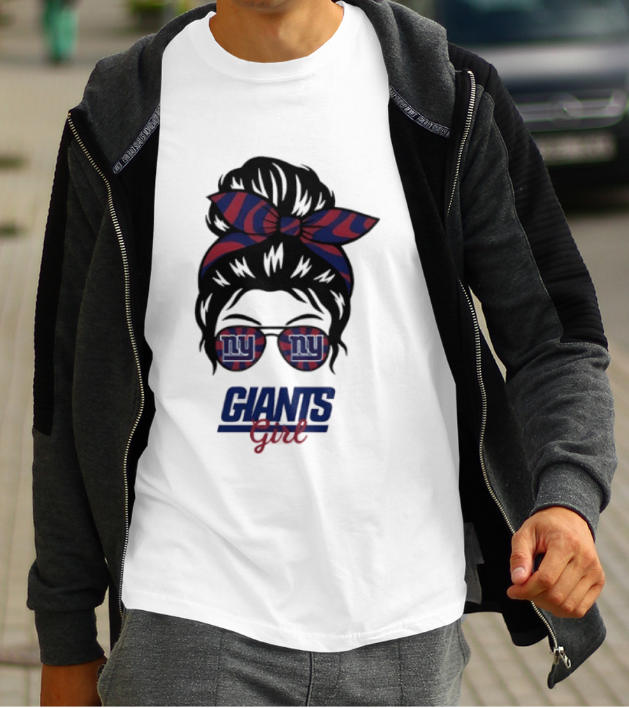 New York Giants Girl Messy Bun Glasses Bow T-Shirt