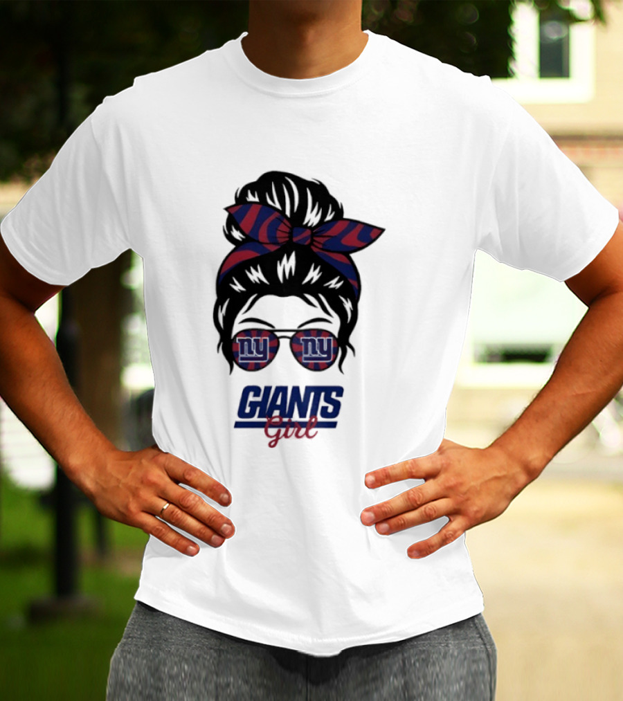 New York Giants Girl Messy Bun Glasses Bow T-Shirt