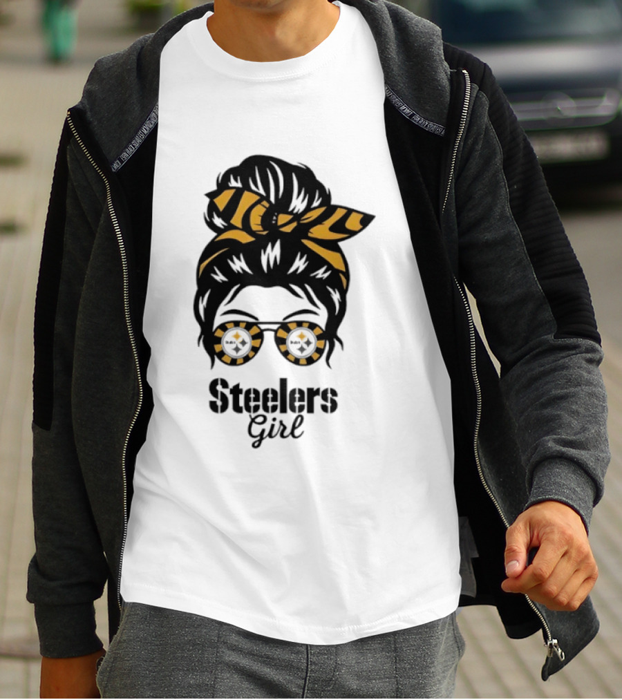Pittsburgh Steelers Girl Messy Bun Glasses Black Gold Fan T-Shirt