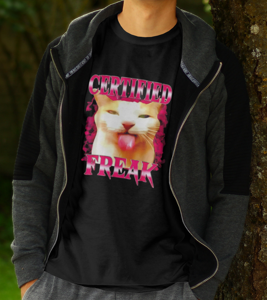 Certified Freak Cat Tongue Out Pink Edge T-Shirt