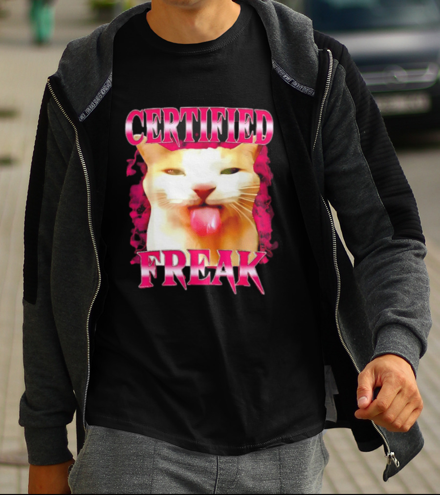 Certified Freak Cat Tongue Out Pink Edge T-Shirt