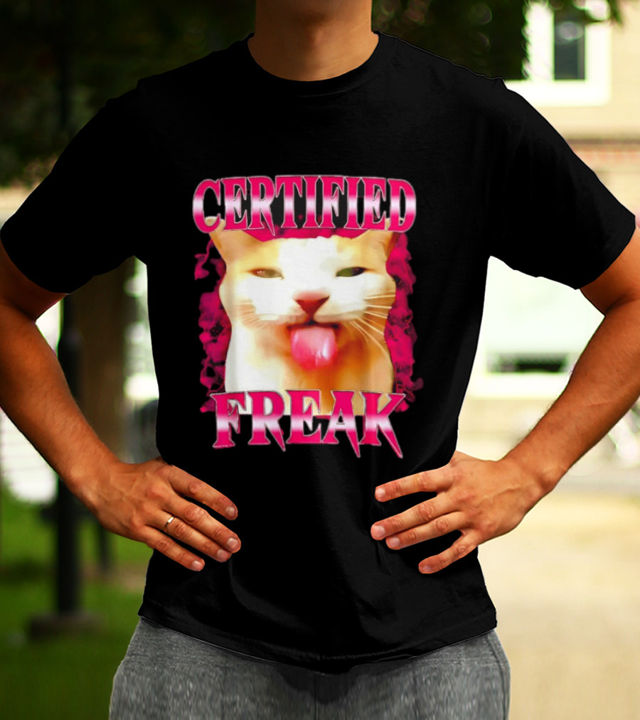 Certified Freak Cat Tongue Out Pink Edge T-Shirt