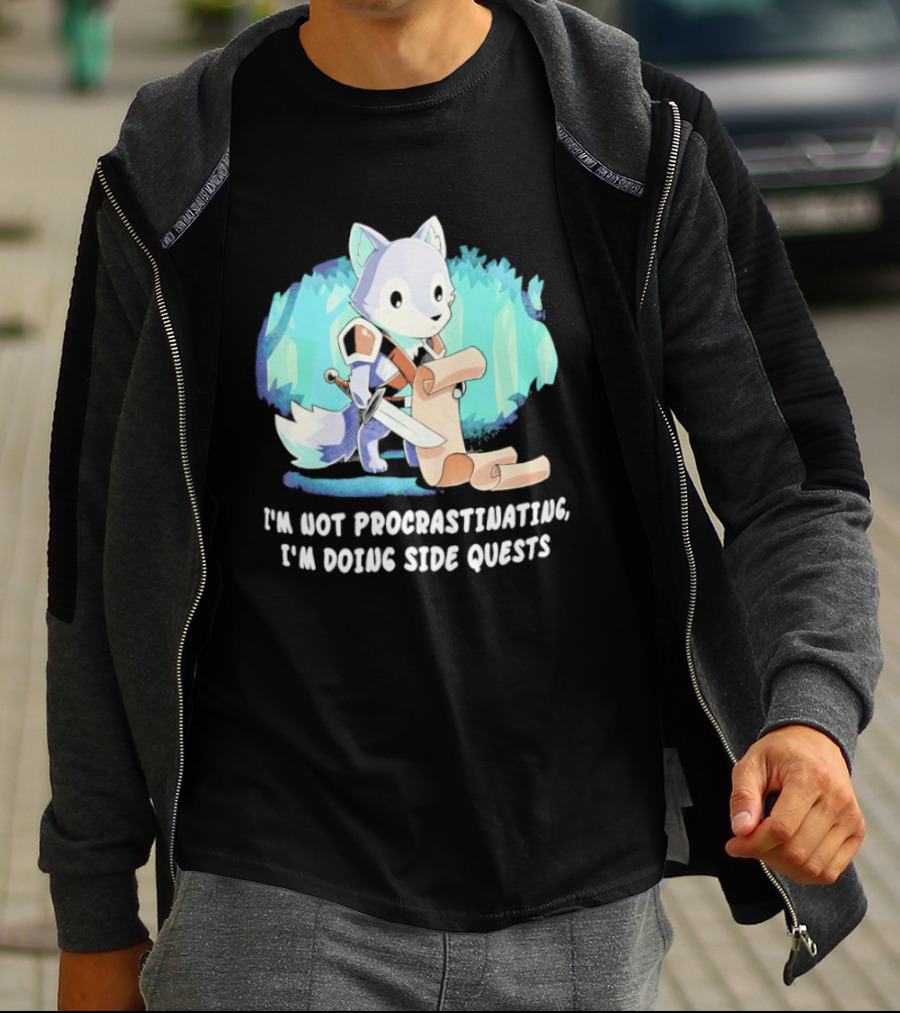 I'm Not Procrastinating I'm Doing Side Quests Cute Fantasy Wolf Cartoon T-Shirt