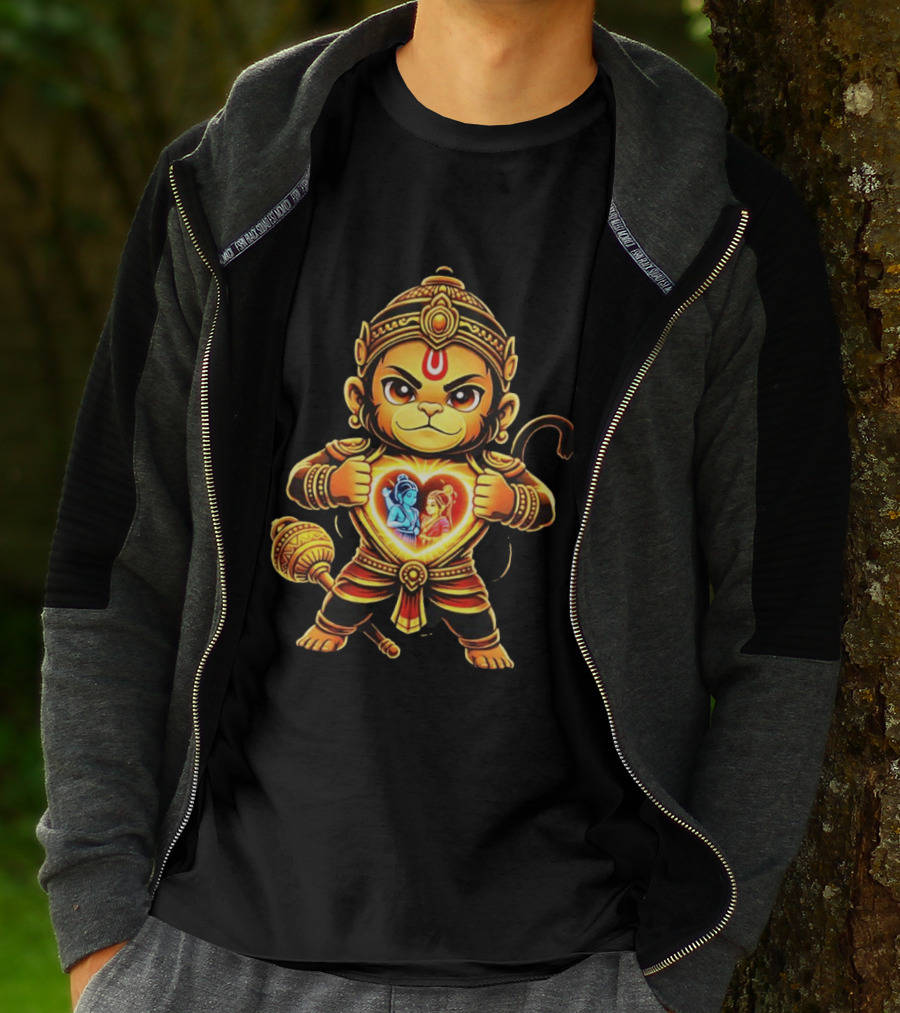 Hanumanji Hanuman Hindu Monkey God Devotee Illustration With Heart Symbol And Ram Sita T-Shirt