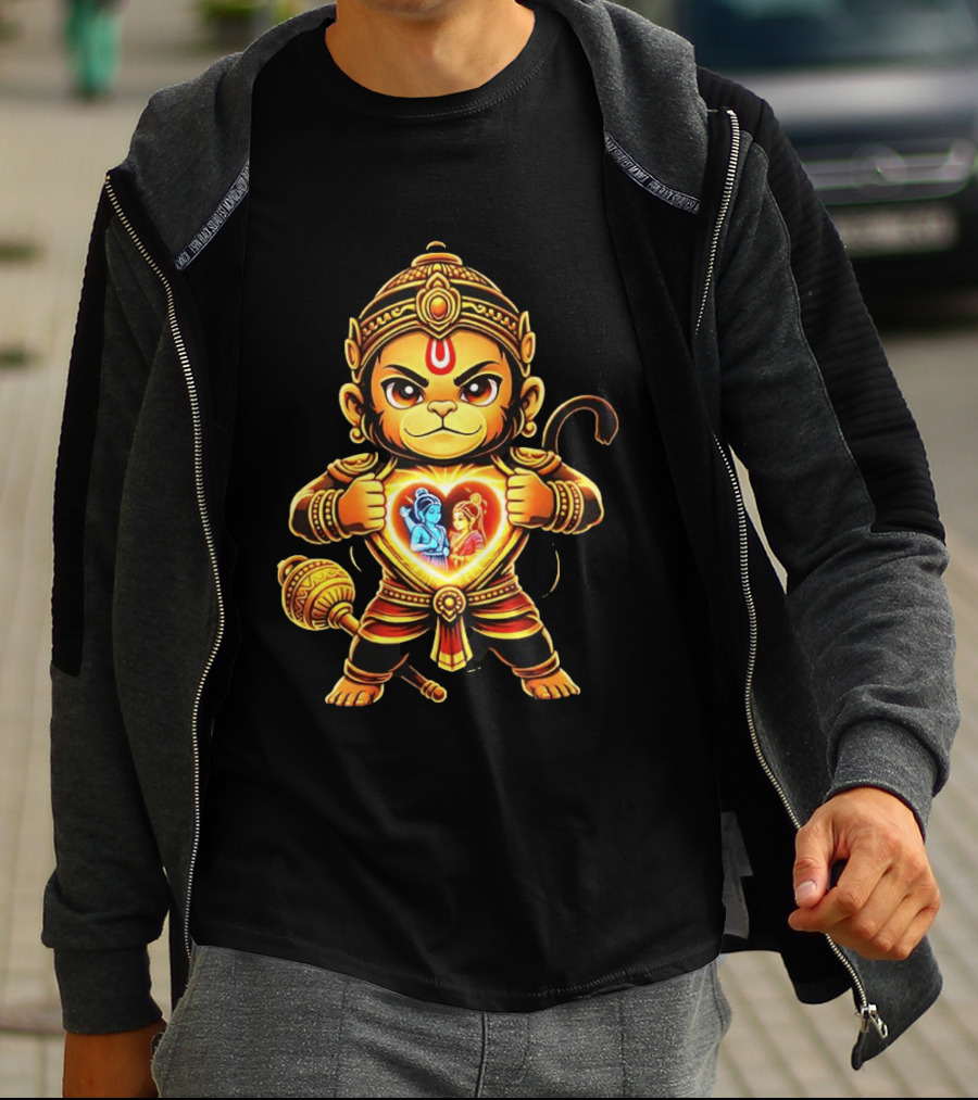 Hanumanji Hanuman Hindu Monkey God Devotee Illustration With Heart Symbol And Ram Sita T-Shirt