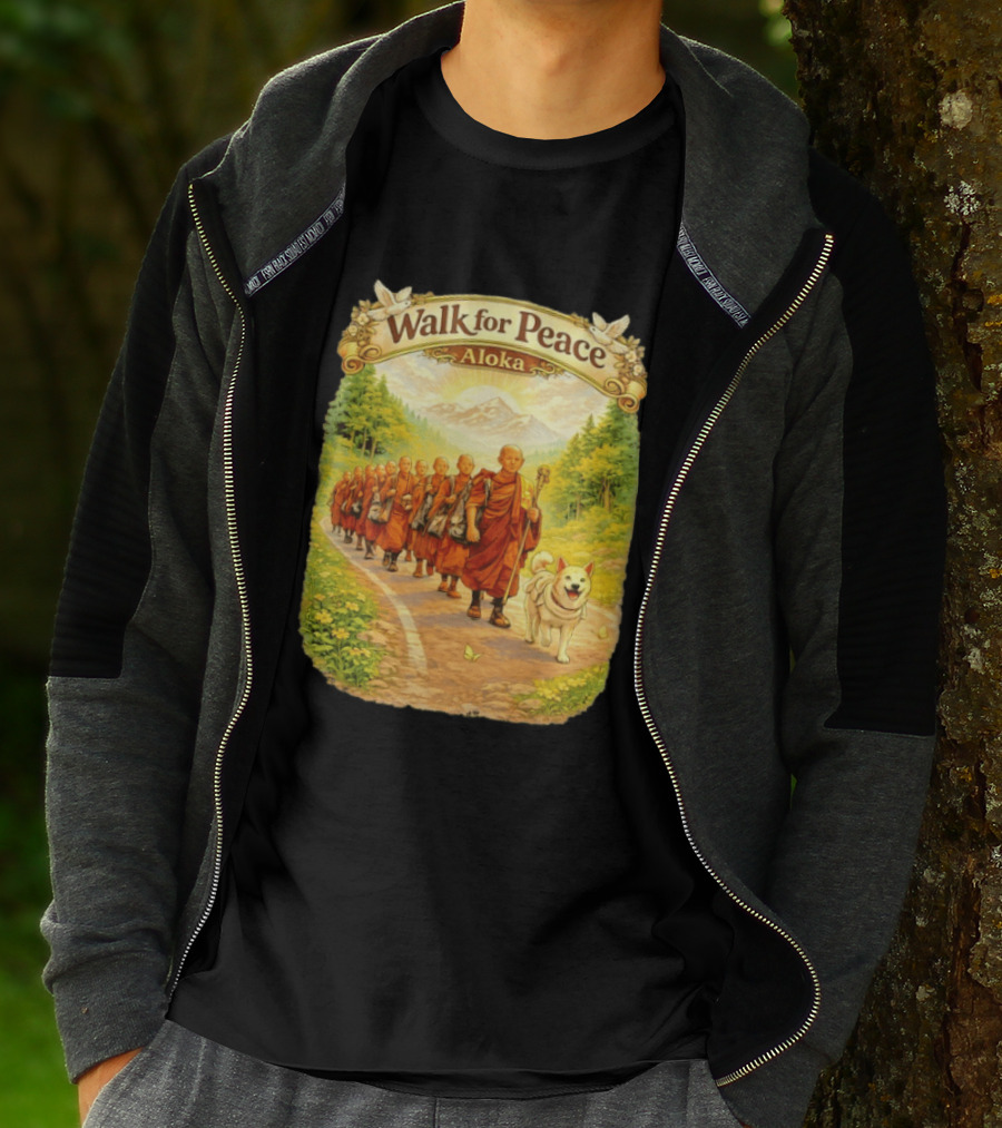 Walk For Peace Aloka Monks With Dog In Nature Trail T-Shirt