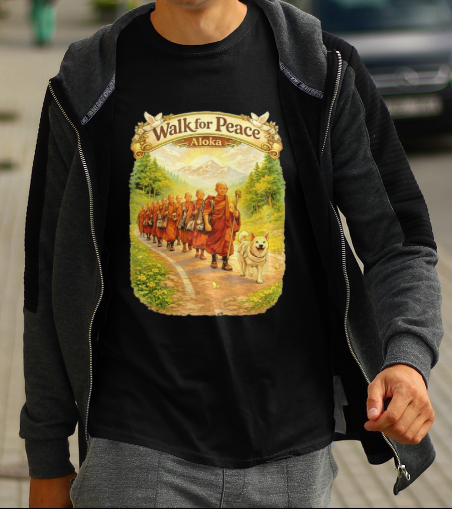 Walk For Peace Aloka Monks With Dog In Nature Trail T-Shirt