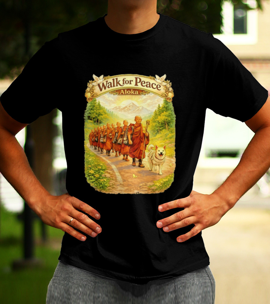 Walk For Peace Aloka Monks With Dog In Nature Trail T-Shirt