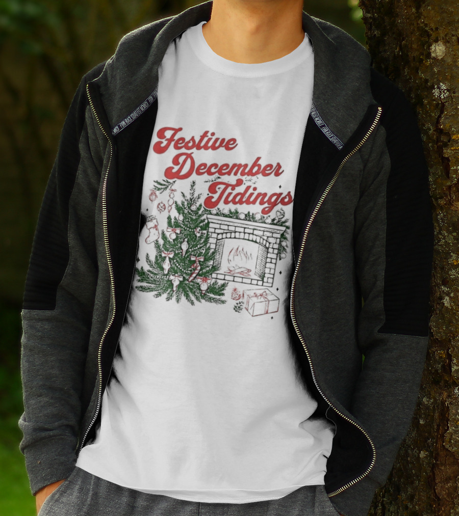 Festive December Tidings Christmas Tree Fireplace Holiday T-Shirt