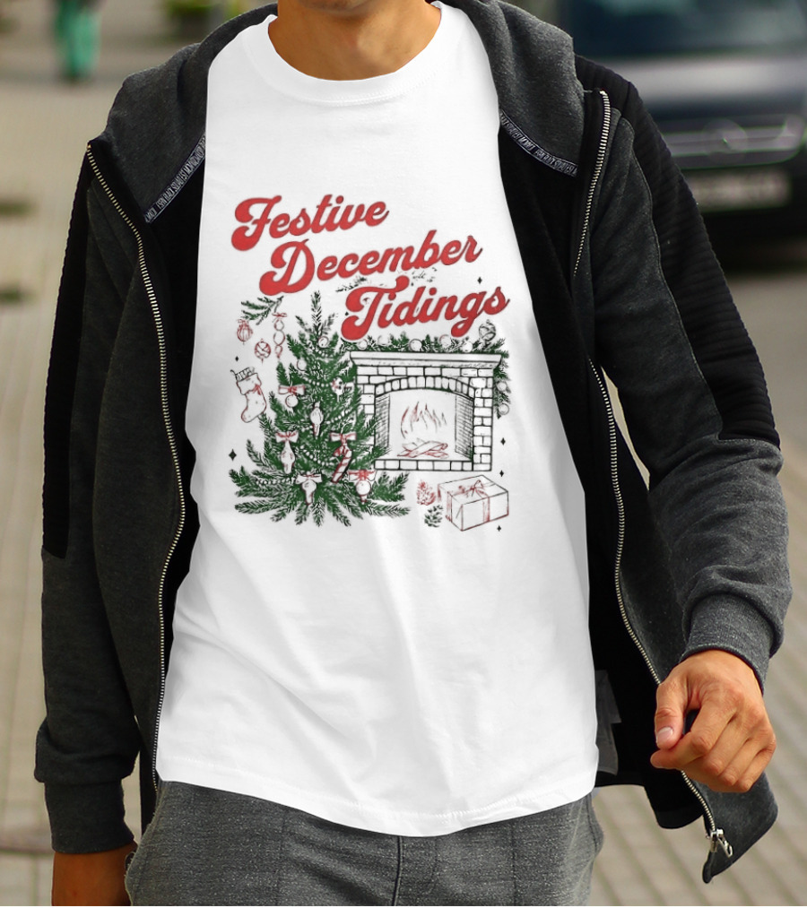 Festive December Tidings Christmas Tree Fireplace Holiday T-Shirt