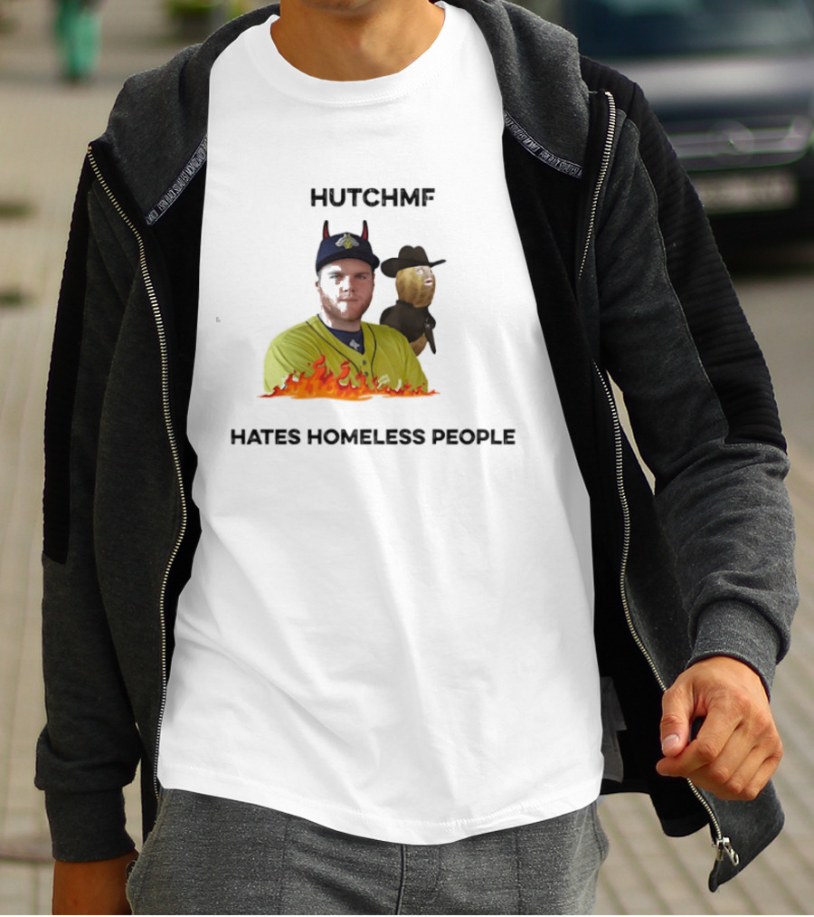 Hutchmf Hates Homeless People Devil Horns Yellow Jersey Flames T-Shirt