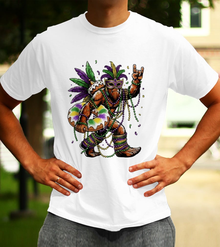 Mardi Gras Bigfoot King Rock And Roll Hand Beads Cake Donut T-Shirt