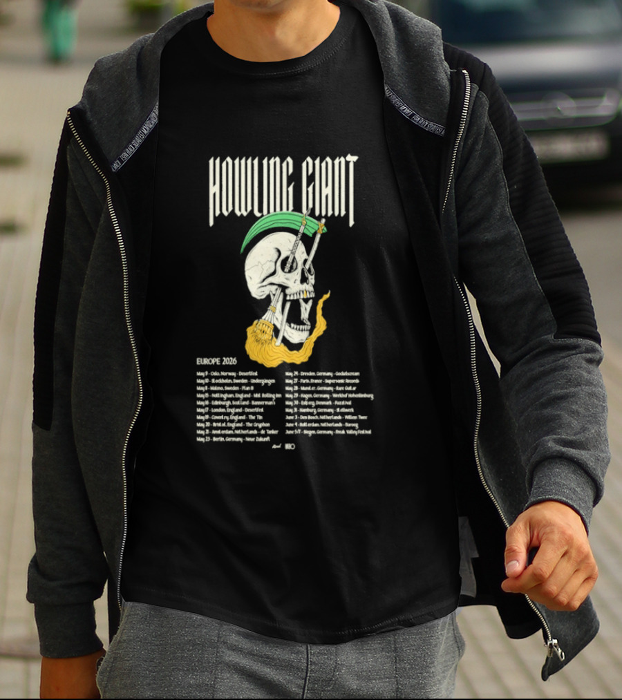 Howling Giant Europe 2026 Tour Dates Skull Skeleton Orion Sun Club Dates T-Shirt