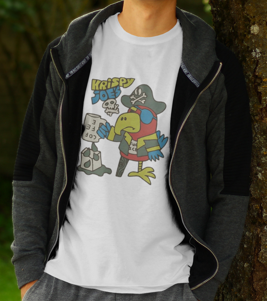 Krispy Joe's Pirate Parrot Coffee Spill Cartoon T-Shirt