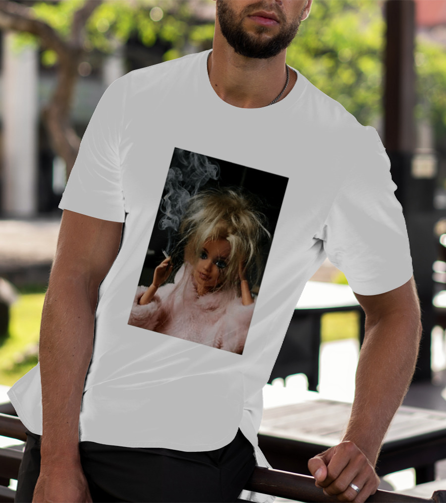 Cigarette Smoking Barbie Doll In Pink Fur Coat T-Shirt