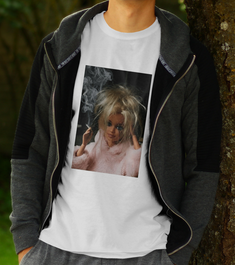Cigarette Smoking Barbie Doll In Pink Fur Coat T-Shirt