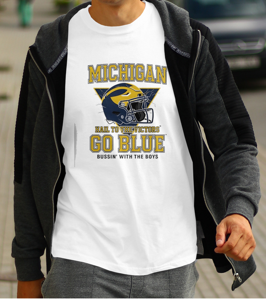 Michigan Hail To The Victors Go Blue Bussin' With The Boys Helmet T-Shirt