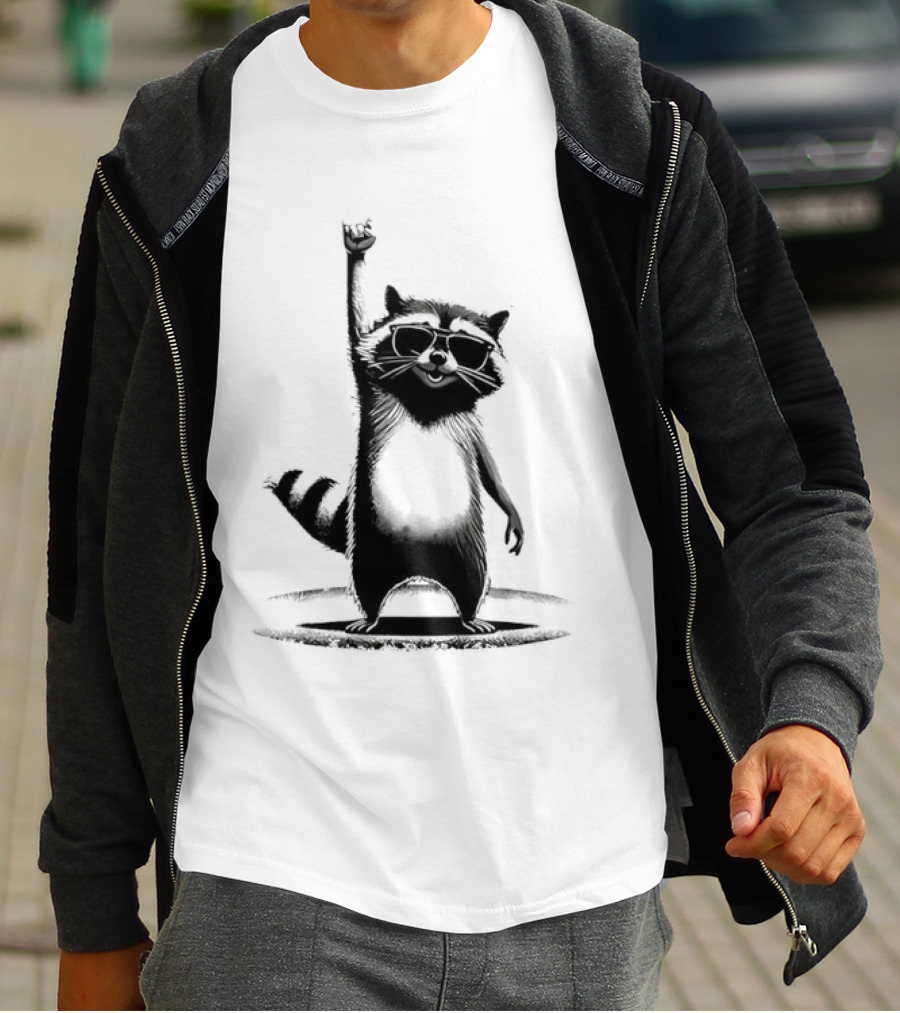 Raccoon Rock Music Animal Silhouette Jazz Hands Pose T-Shirt