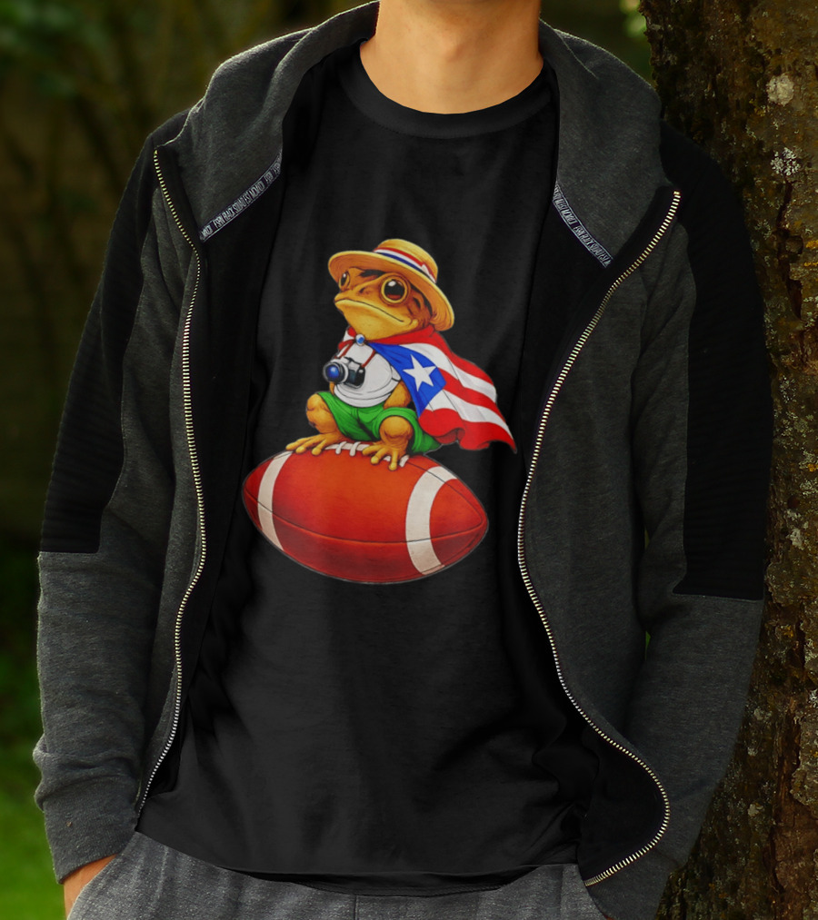 Puerto Rico Coqui Frog With Hat And Flag Sitting On Football T-Shirt