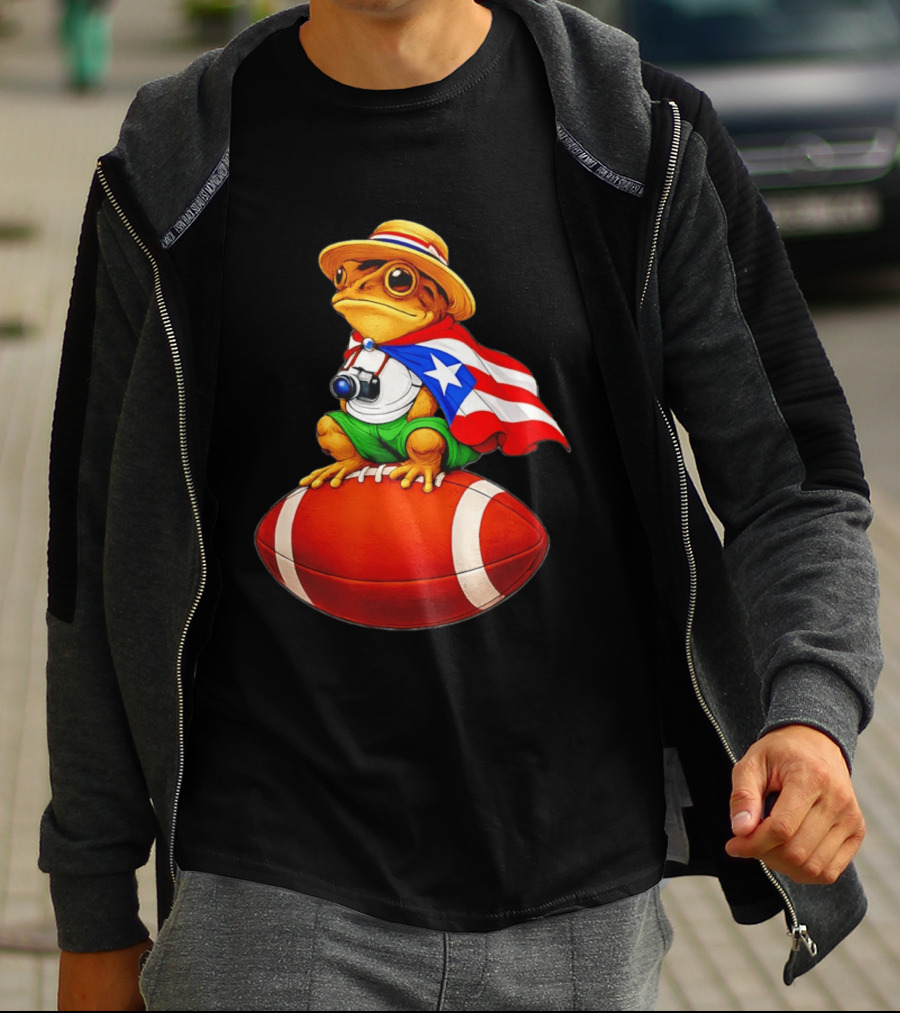 Puerto Rico Coqui Frog With Hat And Flag Sitting On Football T-Shirt