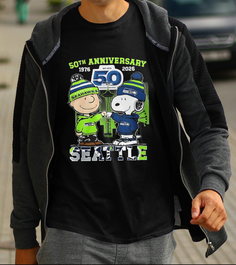 Seattle Seahawks 50th Anniversary 1976 2026 Charlie Brown Snoopy T-Shirt