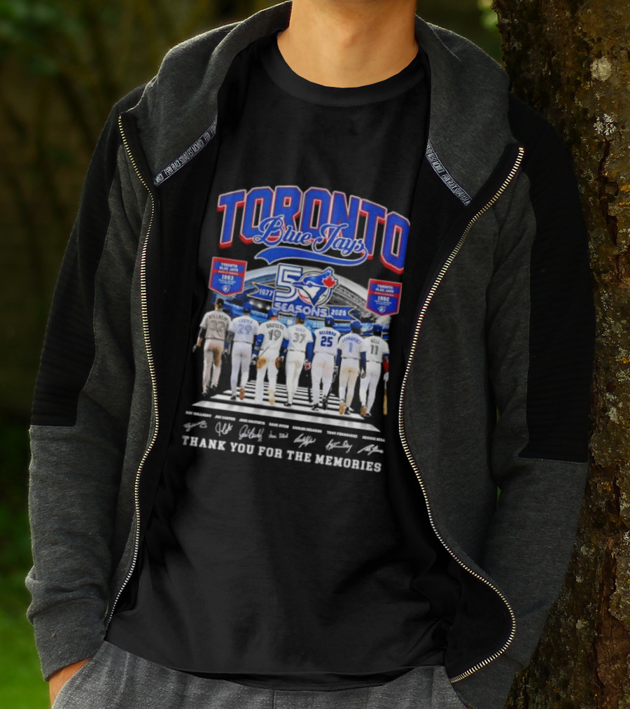 Toronto Blue Jays Blue 50 Seasons 1977 To 2026 Commemorative Signatures Thank You For The Memories T-Shirt