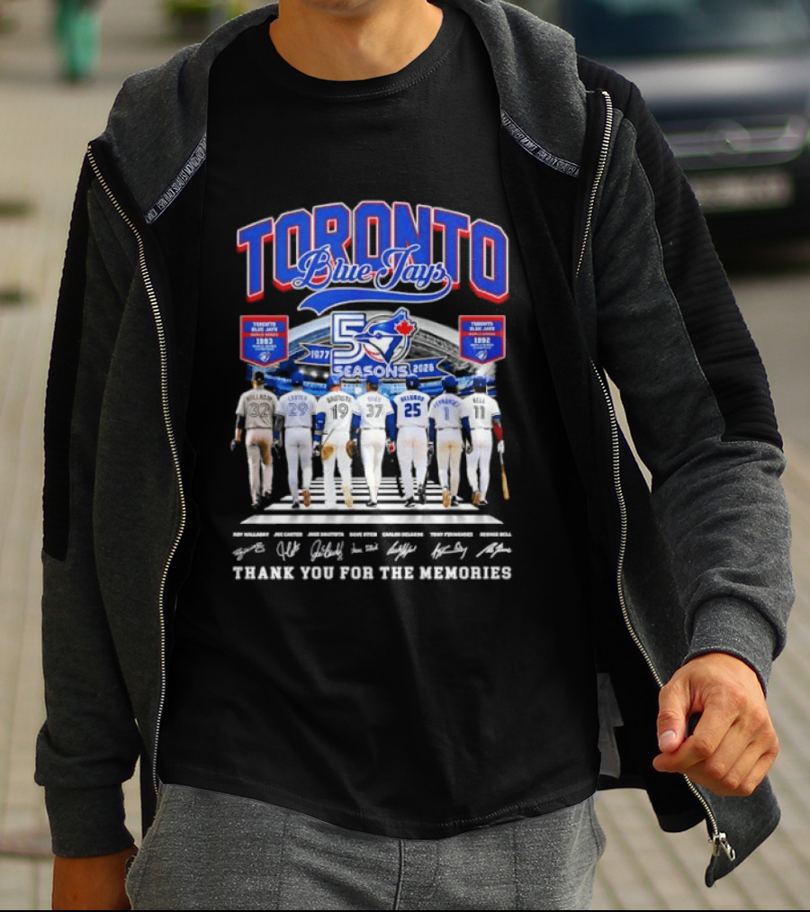 Toronto Blue Jays Blue 50 Seasons 1977 To 2026 Commemorative Signatures Thank You For The Memories T-Shirt