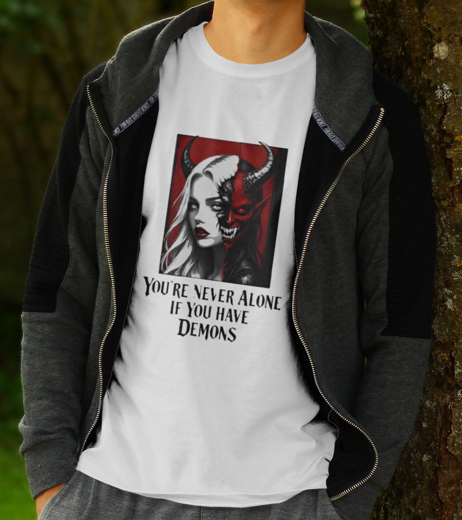 You're Never Alone If You Have Demons Gothic Split Face Demon Girl T-Shirt