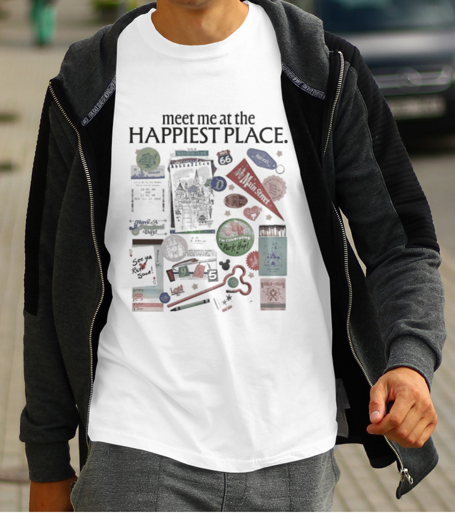 Meet Me At The Happiest Place With Iconic Park Symbols And Pop Culture References T-Shirt