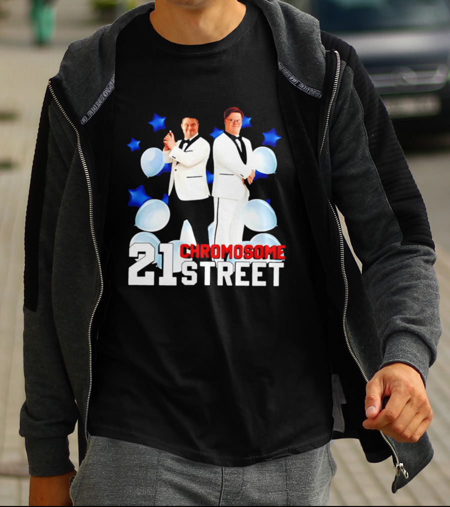 21 Chromosome Street Down Syndrome Stars Balloons White Suits T-Shirt