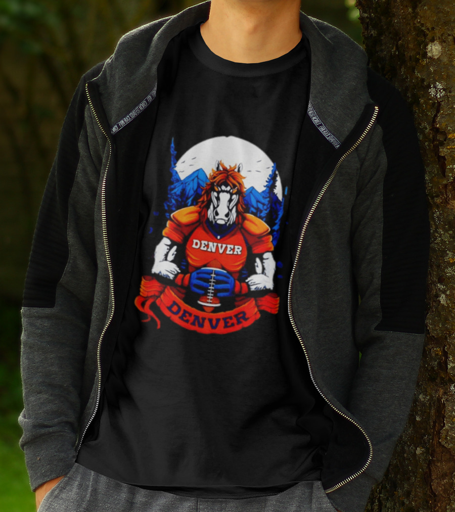 Denver Broncos Wild Horse Football Player With Mountains And Trees T-Shirt