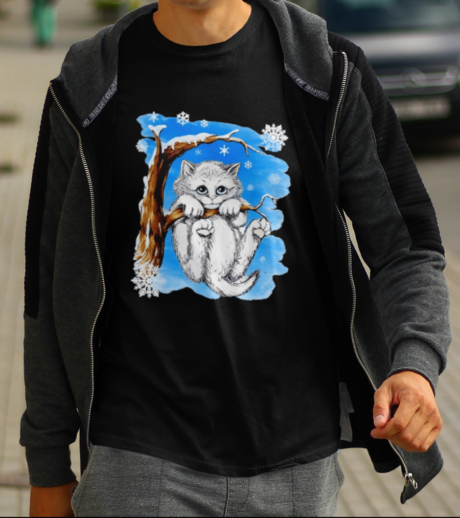 Hang In There Baby Cat In Snow With Snowflakes And Blue Sky T-Shirt