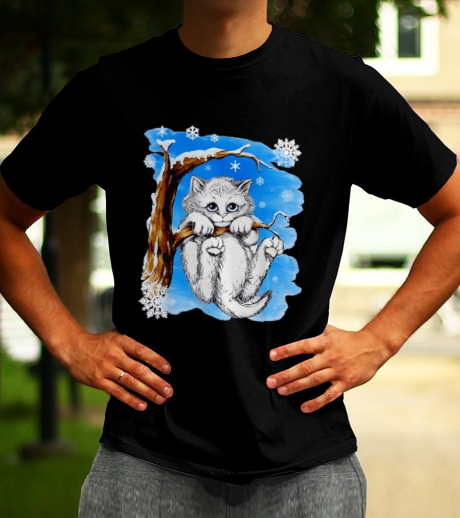 Hang In There Baby Cat In Snow With Snowflakes And Blue Sky T-Shirt