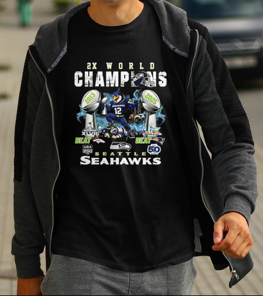 Seattle Seahawks 2x World Champions 2013 2025 Beat New England Patriots Super Bowl Victory T-Shirt