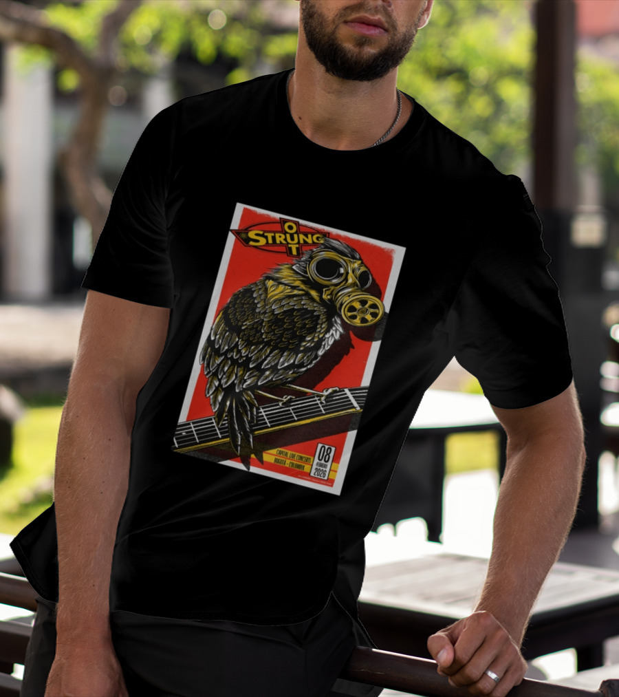 Strung Out February 8 2026 Capital Live Concerts Bogota Colombia Owl Gas Mask Guitar T-Shirt