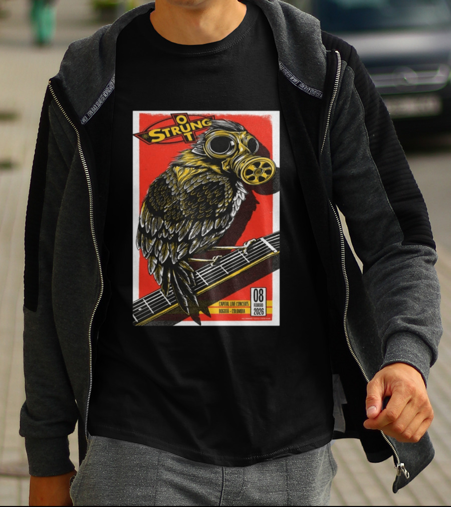 Strung Out February 8 2026 Capital Live Concerts Bogota Colombia Owl Gas Mask Guitar T-Shirt