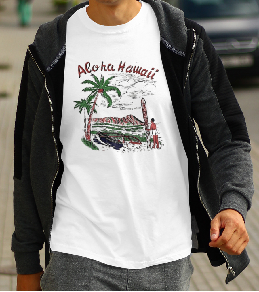 BTS Taehyung Aloha Hawaii Diamond Head 1960 Palm Trees Surfer Scene T-Shirt