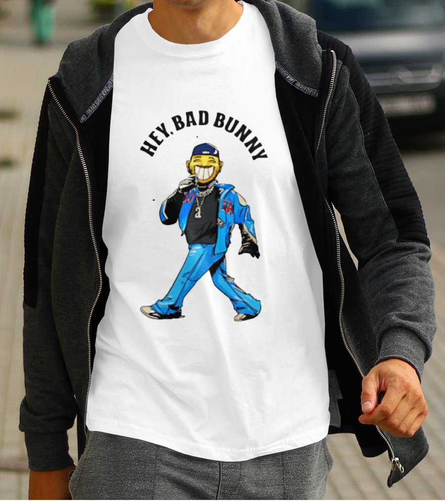 HEY BAD BUNNY Blue Jacket Character Black Outfit Chains T-Shirt