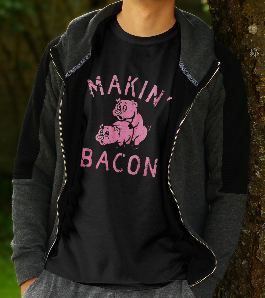 Makin Bacon Pigs Humorous Retro Graphic Pink T-Shirt
