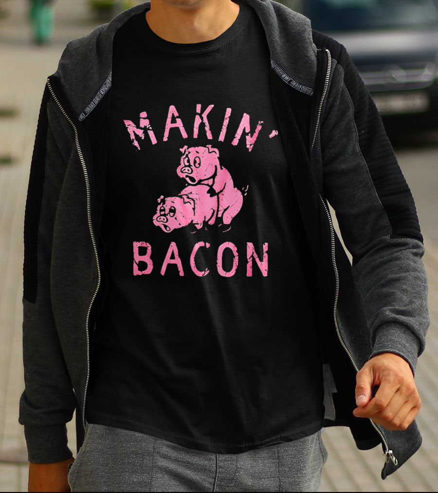 Makin Bacon Pigs Humorous Retro Graphic Pink T-Shirt