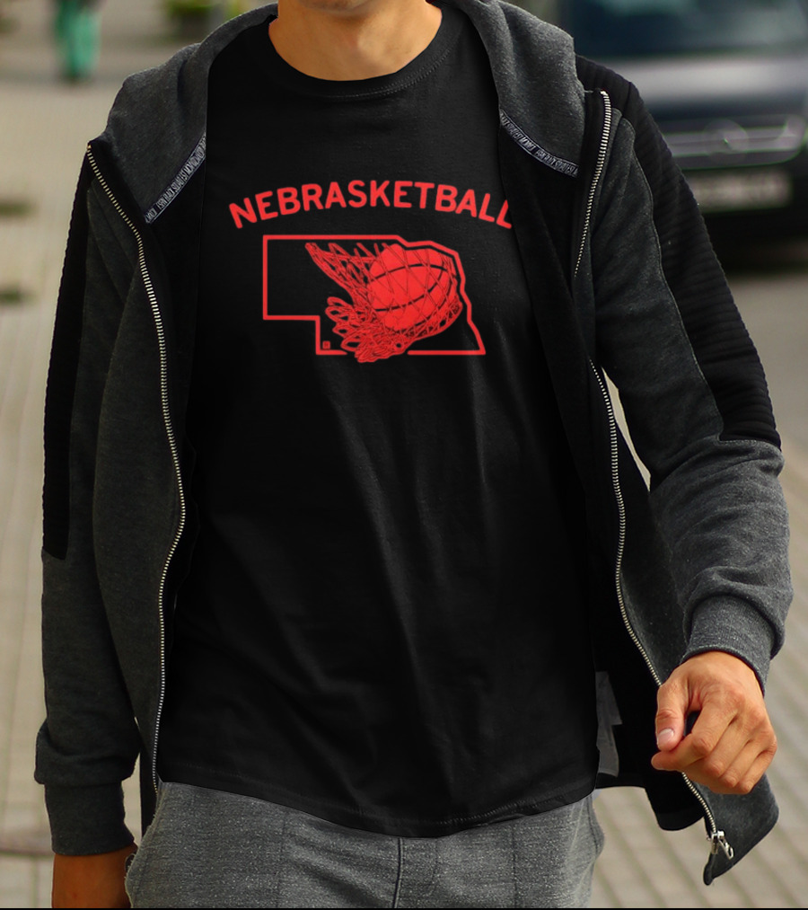 Nebrasketball Nebraska Basketball Red State Silhouette Basketball Net T-Shirt